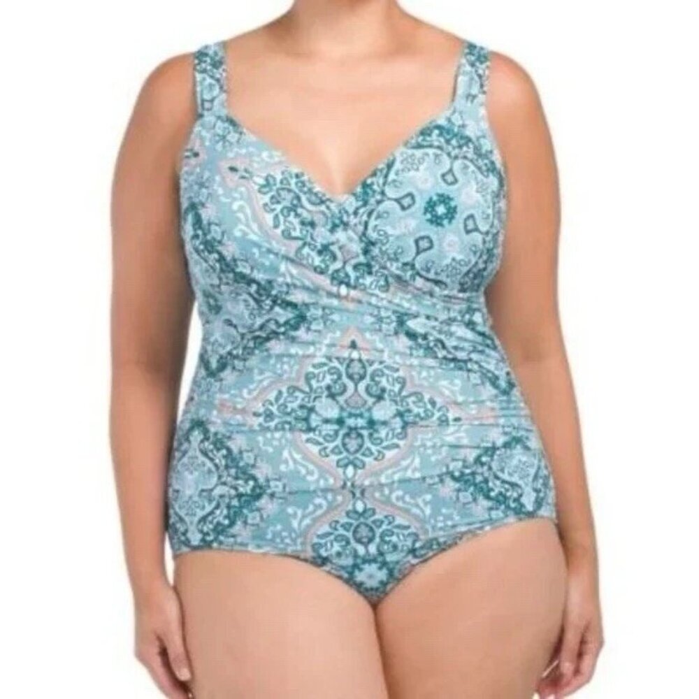 Jantzen Draped Surplice One Piece Bathing Suit Ocean Floral Stretch NWT 18W